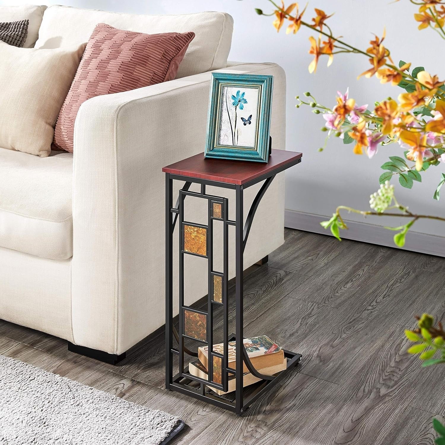 C-Shaped End Table with Storage Shelf, Compact Side Table for Living Room & Offi