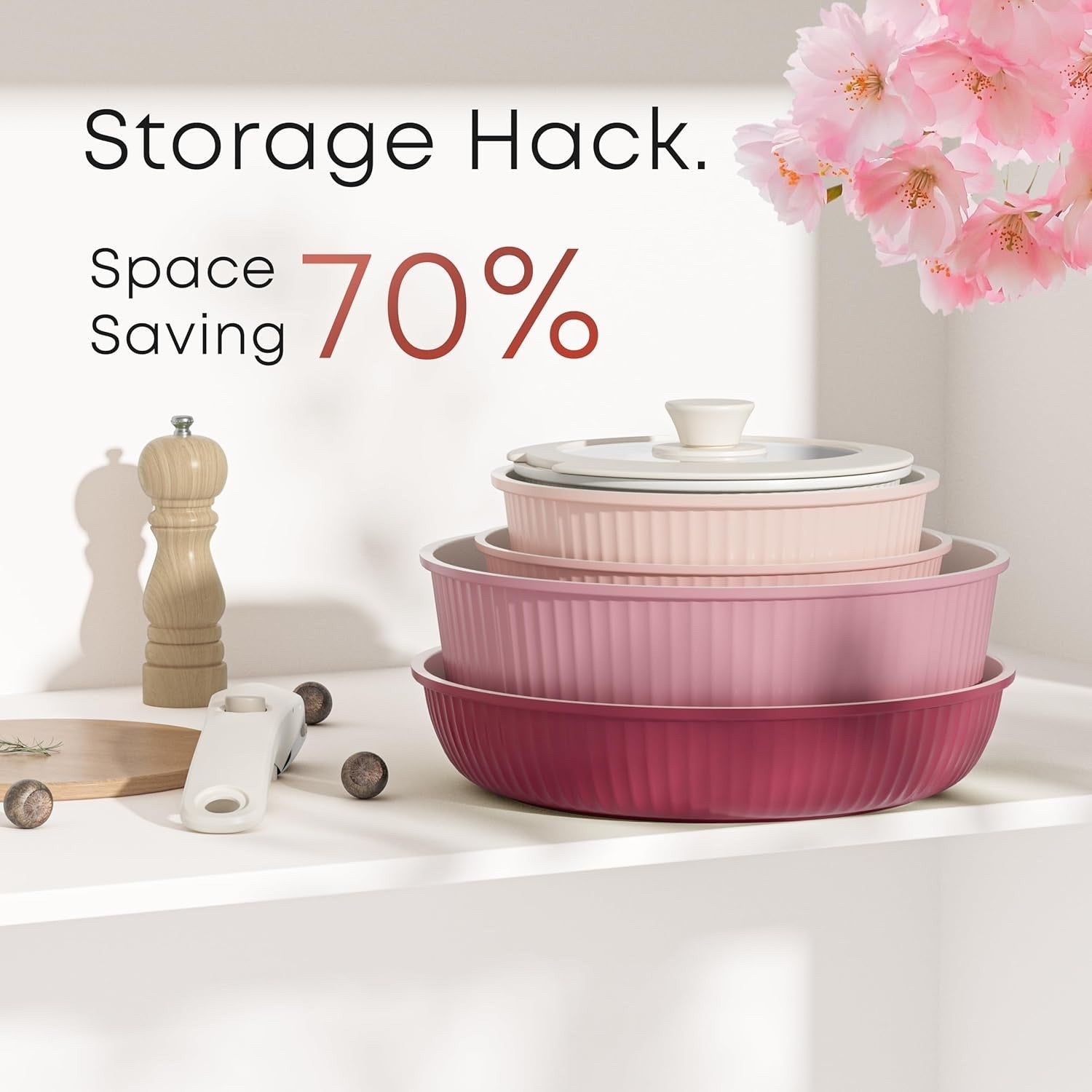 5Pcs Graduated Pink Pots Pans Set with Lids & Detachable Handle Induction Safe