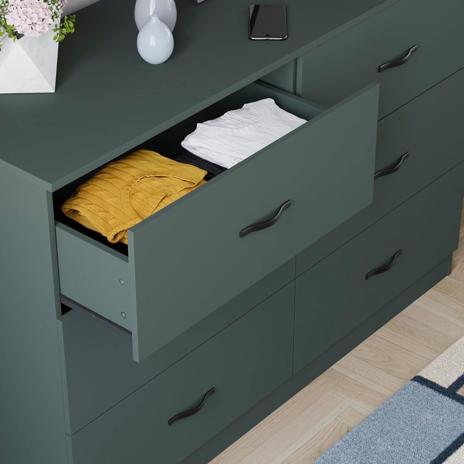 Jasper Green 6 Drawer Wide Chest Bedroom Storage Unit Modern Flatpack