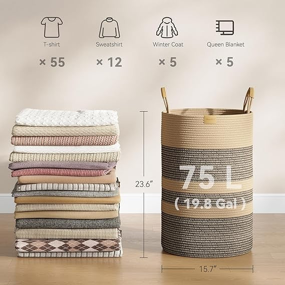 75L Foldable Woven Laundry Basket with Leather Handles, Large Striped Hamper