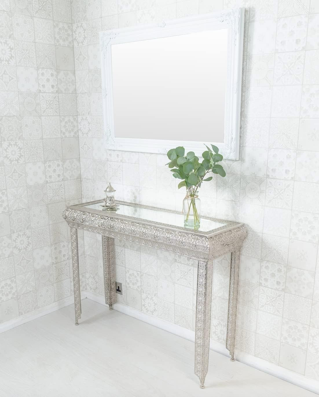 Moroccan Silver Embossed Metal Console Table with Glass Top 33Dx102Wx75H cm
