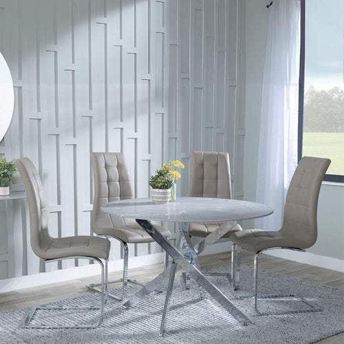 Round Grey Glass Dining Table Set 4 Chairs Chrome Metal Faux Leather