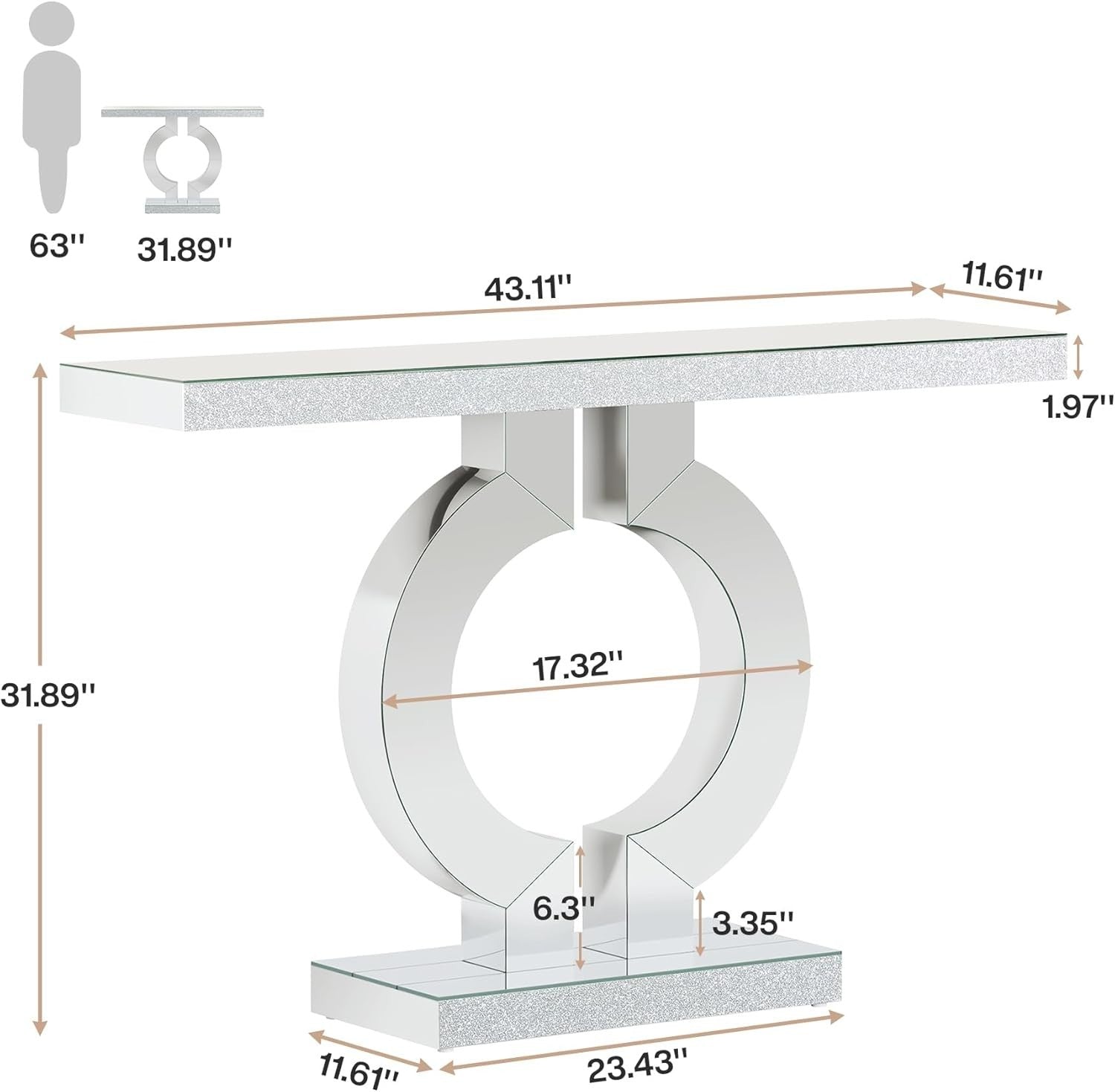 Mirror Console Table Glass Hallway Entryway Desk O-Shape Base 43” Elegant