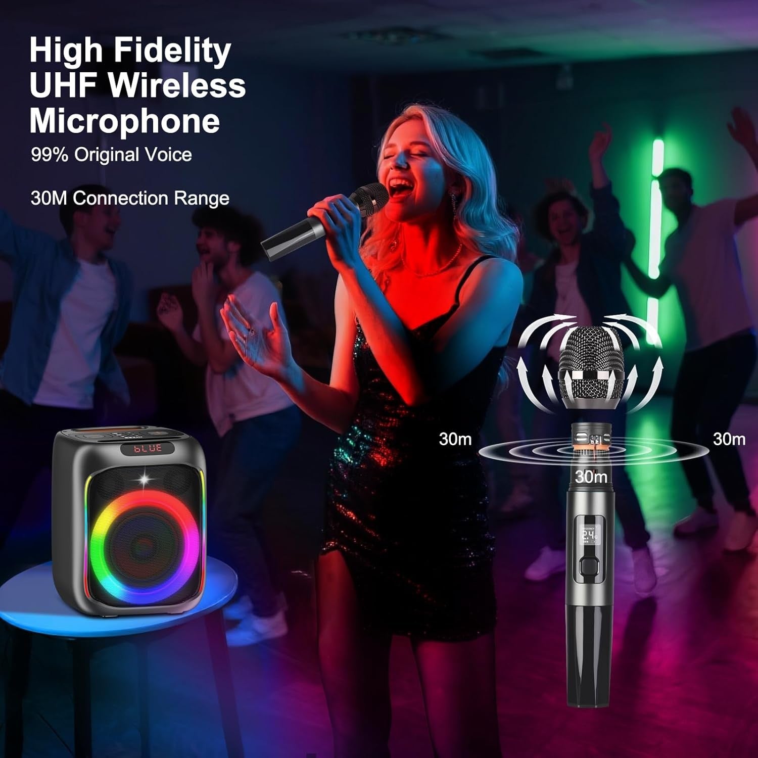 80W Portable Bluetooth Karaoke Machine 2 Wireless Mics LED Lights