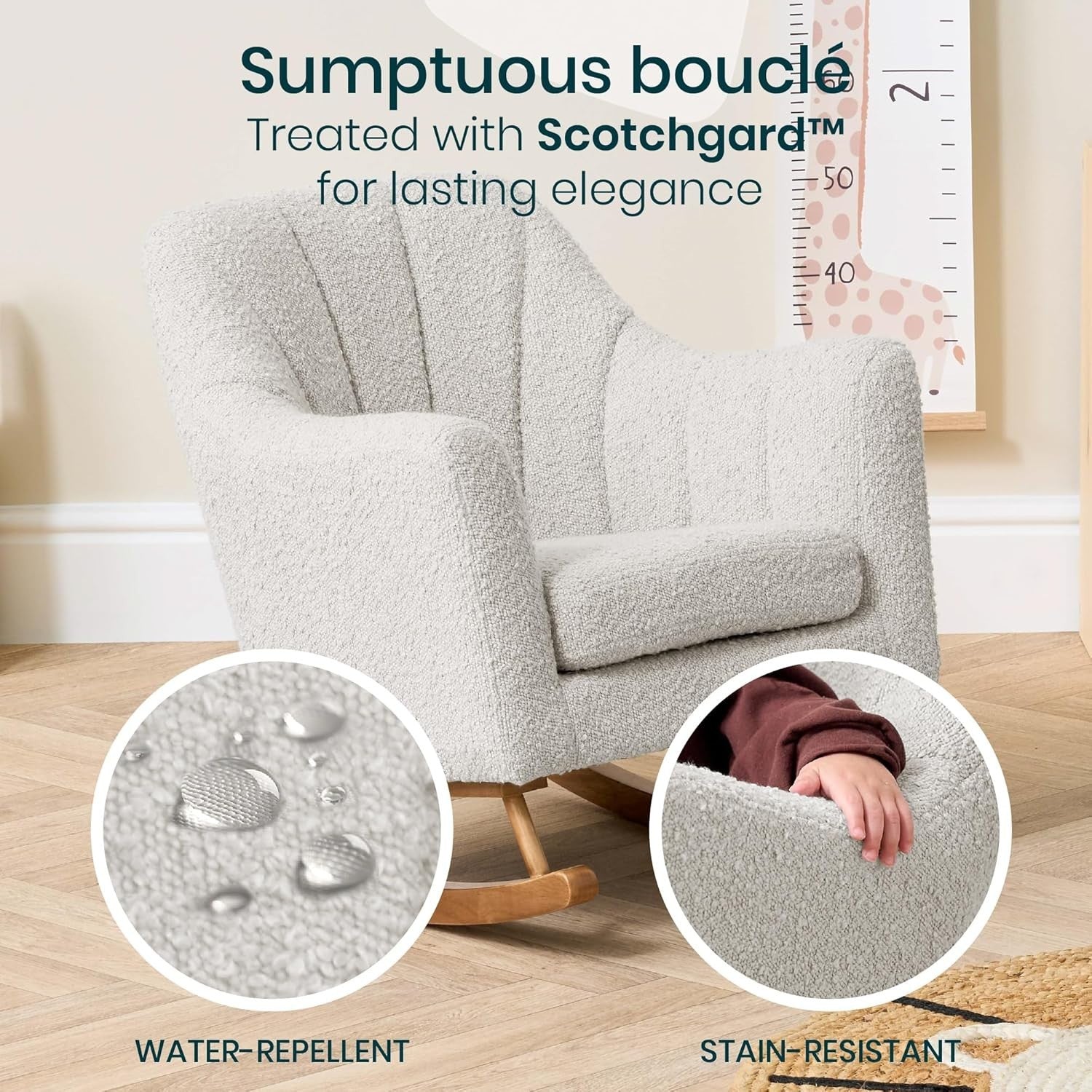 Toddler Rocking Chair Soft Bouclé, Rubberwood Frame, Easy Assembly