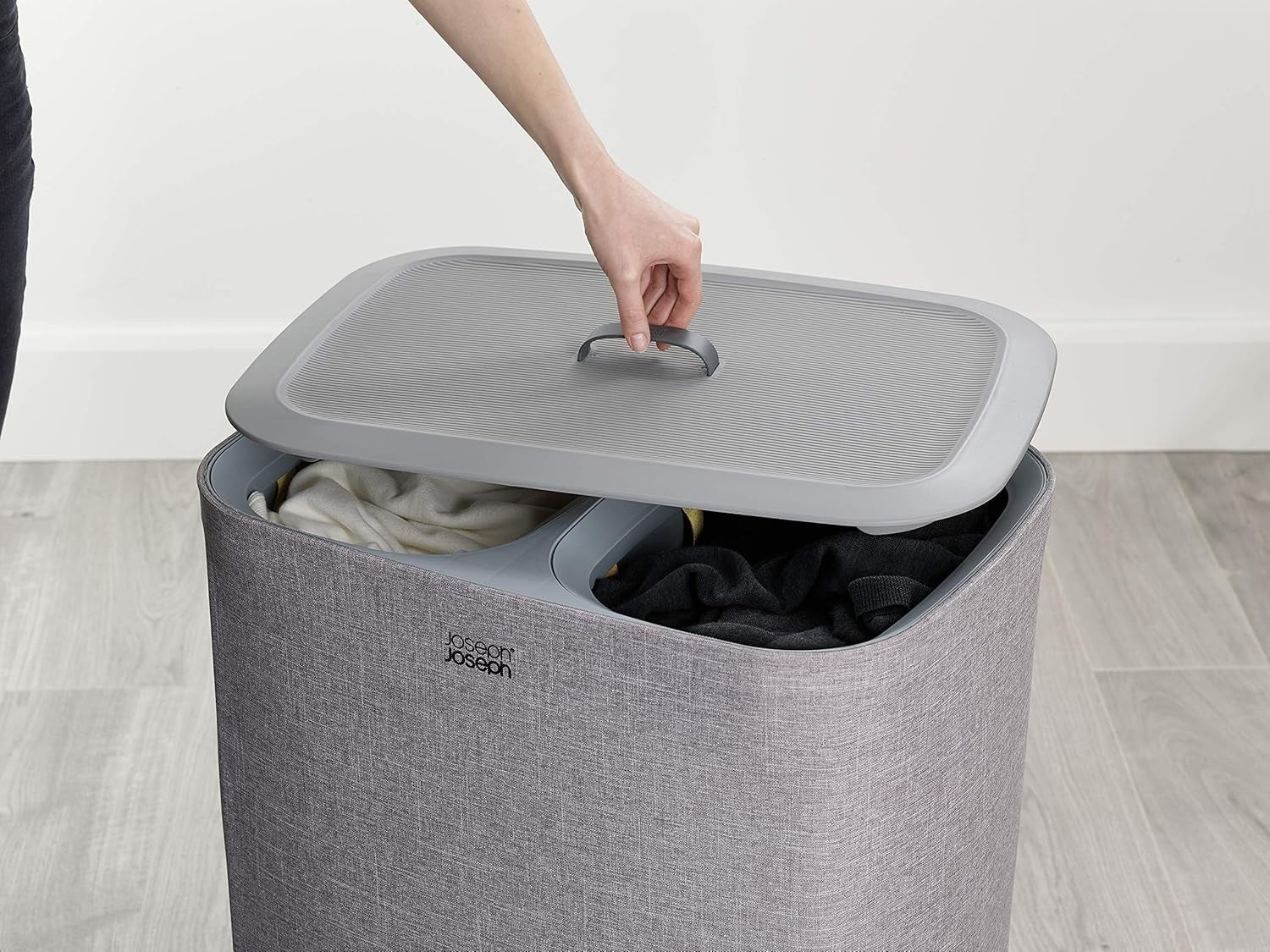 90L Dual Compartment Laundry Basket with Lid Removable Bags Grey Modern