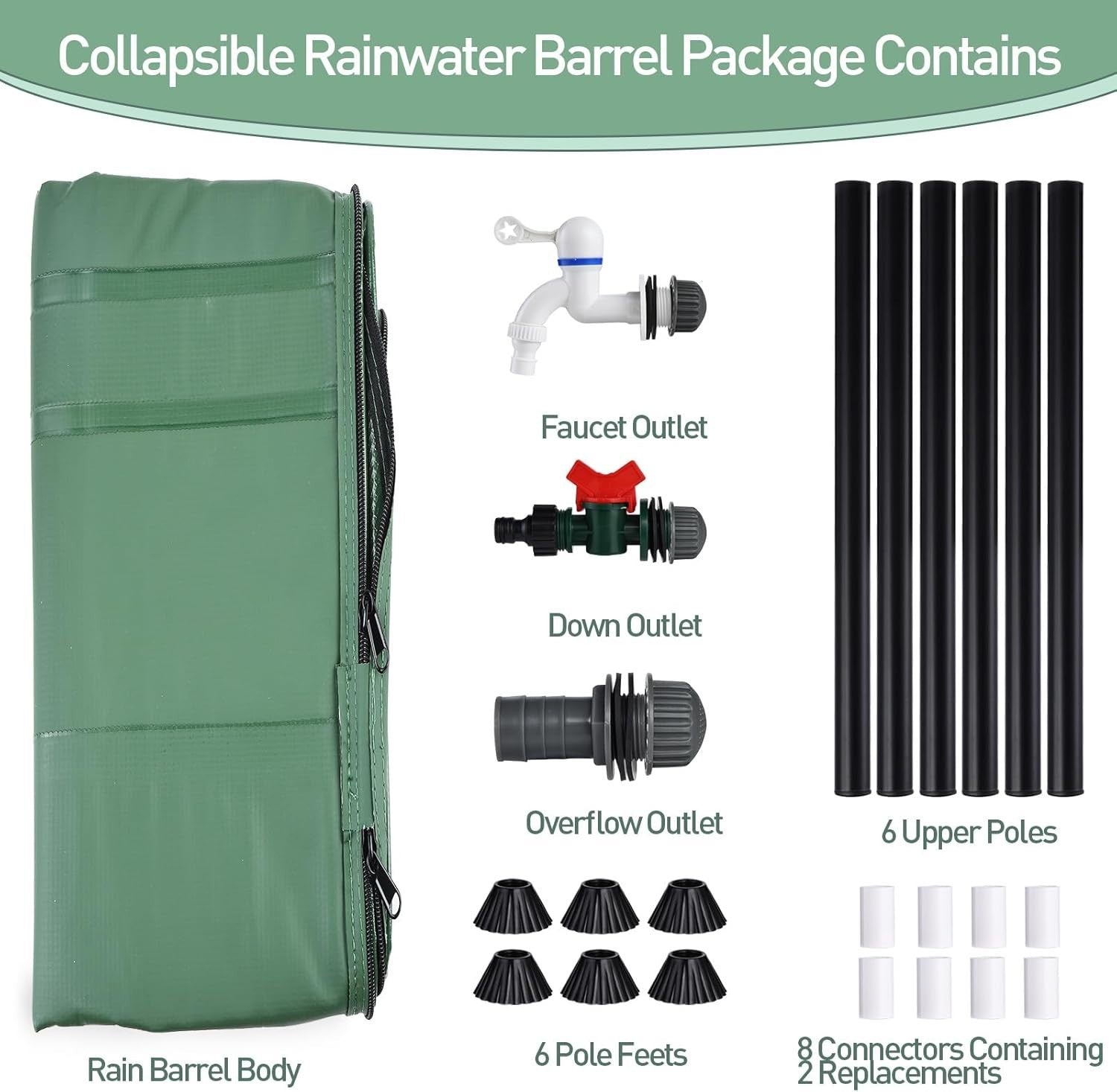200L Collapsible Green Rain Barrel with Filter, Spigots & Overflow Kit
