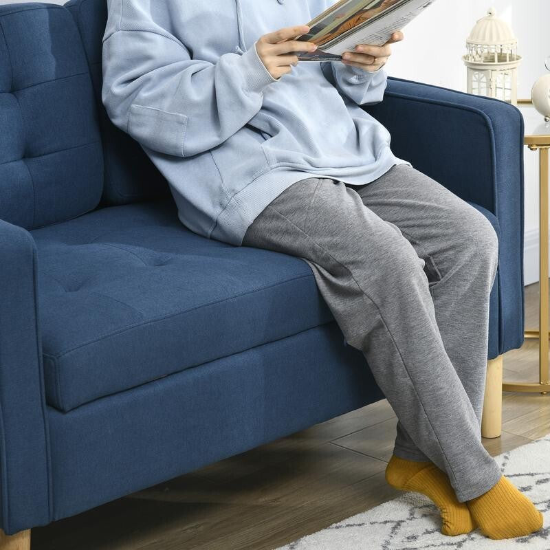 2 Seater Sofa Blue Storage Couch Tufted Fabric Compact Seat Wooden Legs
