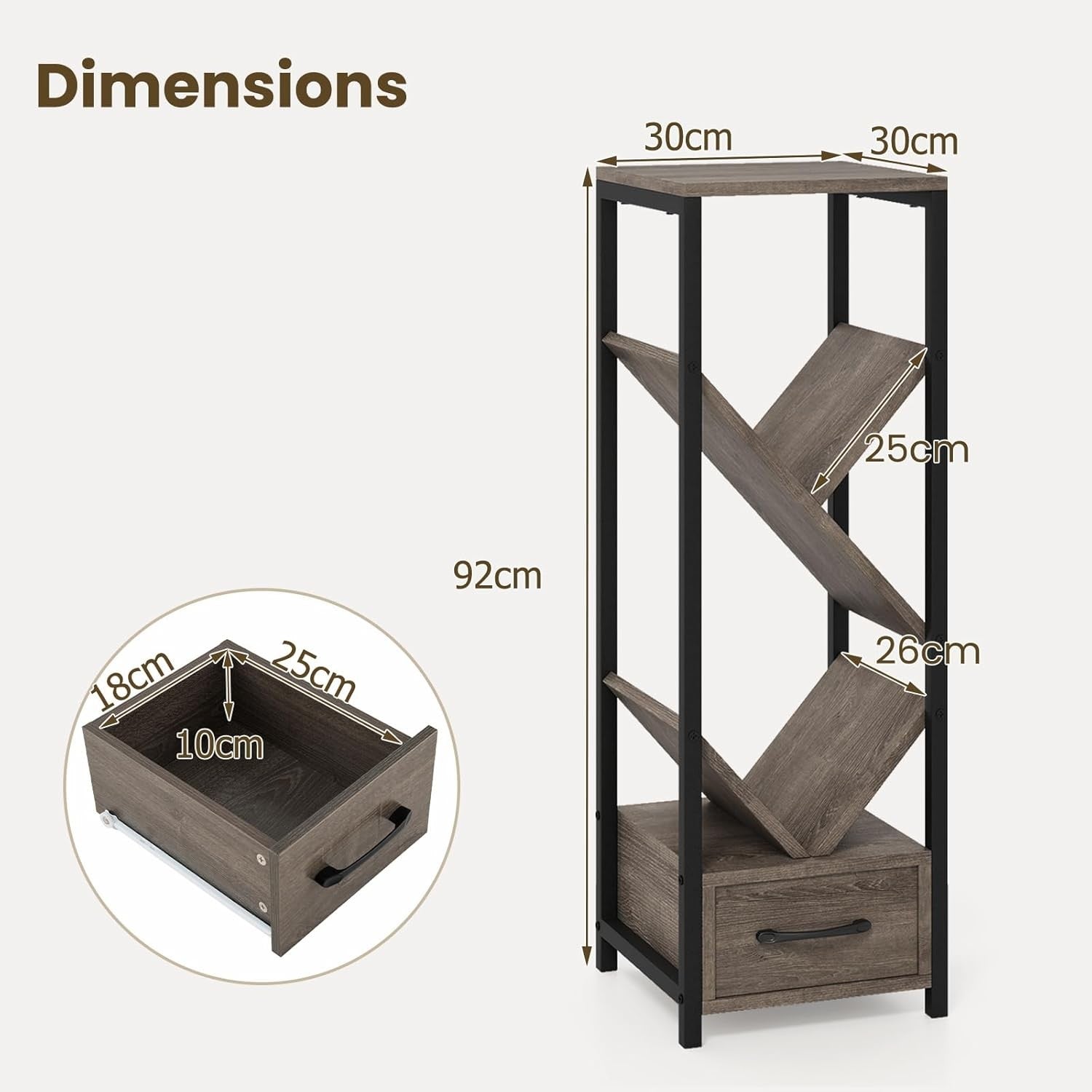 Set of 2 Industrial 4-Tier Tree Bookshelves with Drawers & Display Storage Units