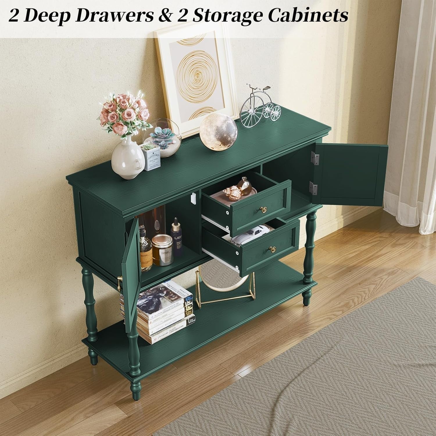 Console Table with Drawers & Storage Cabinet, Retro Hallway Entryway Shelf