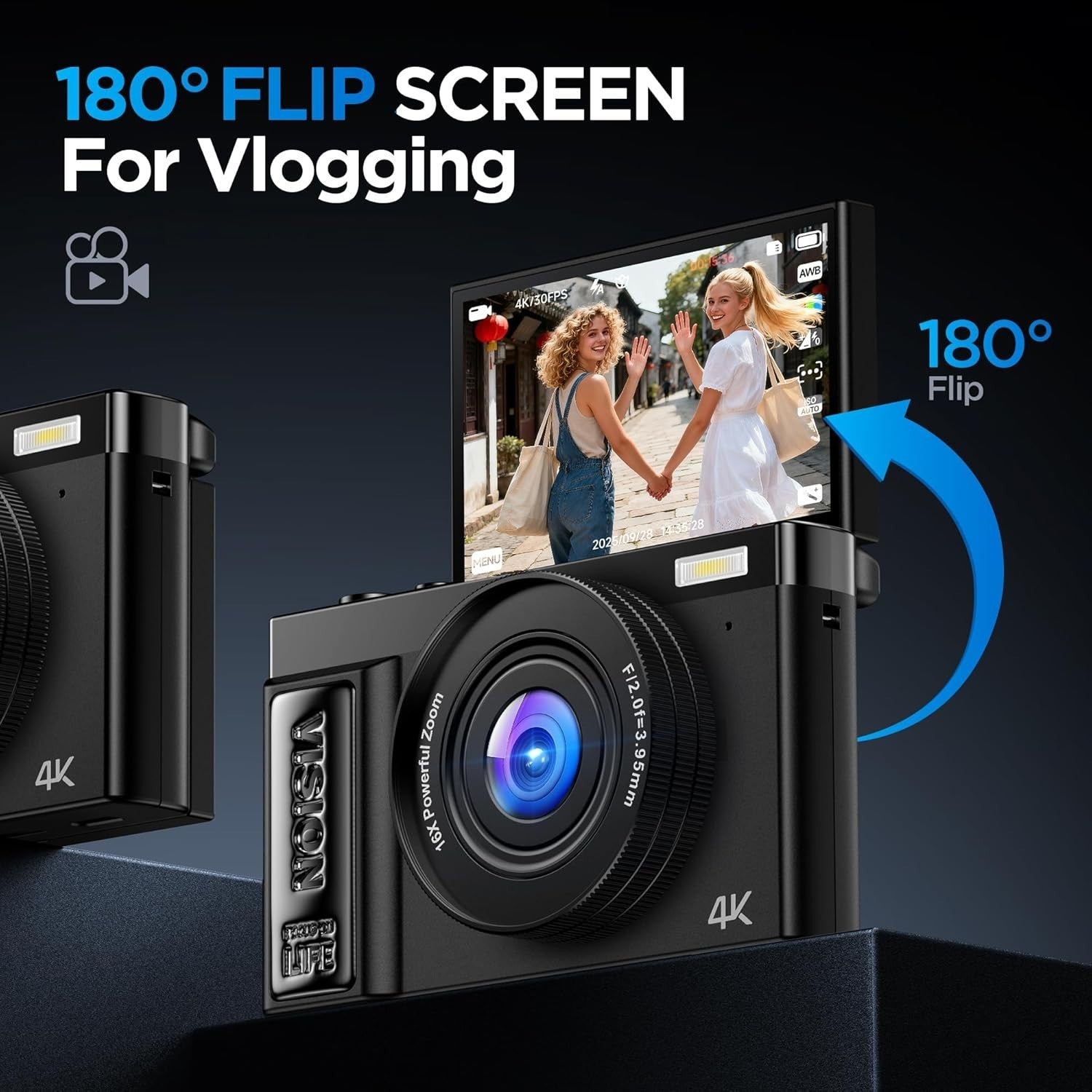 4K 64MP Vlogging Camera Flip Screen 16X Zoom Compact Digital Cam