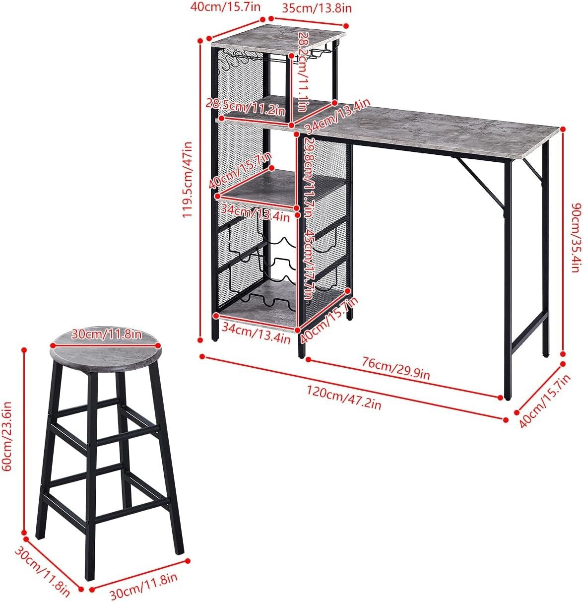 3Pcs Bar Table Set with Stools Wine Rack Cup Holder Grey Marble Dining Unit