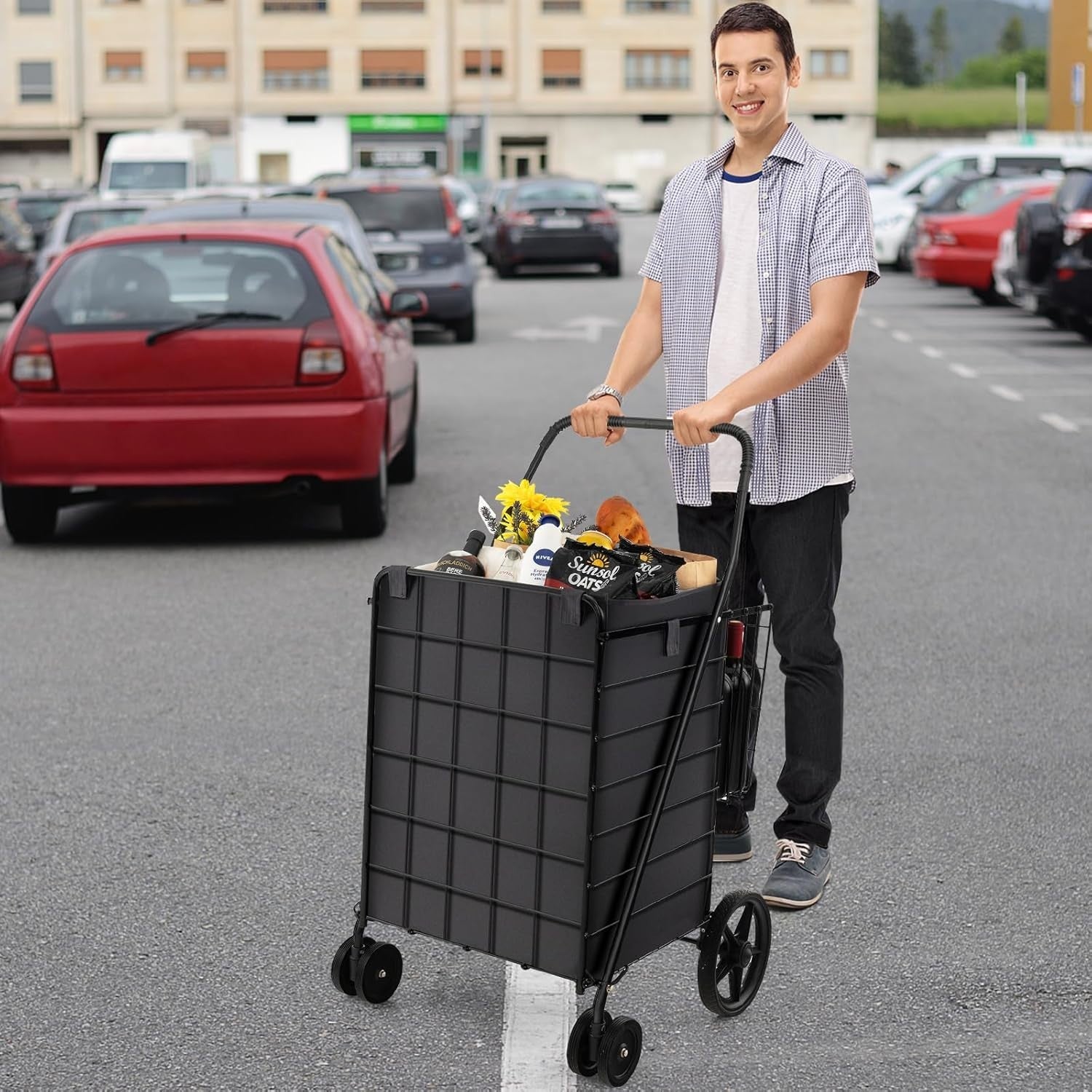 Foldable Shopping Cart On Wheels Heavy Duty Grocery Trolley Basket