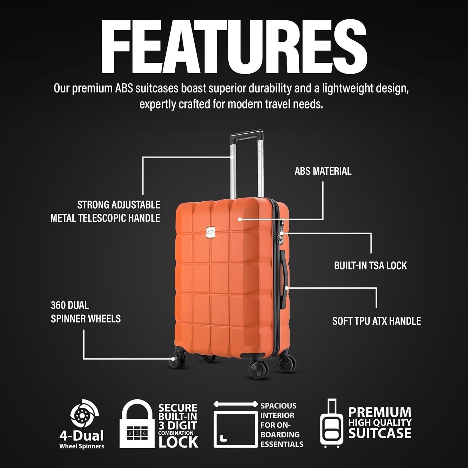 Medium Check In Suitcase ABS Hard Shell Lightweight 4 Spinner Wheels TSA