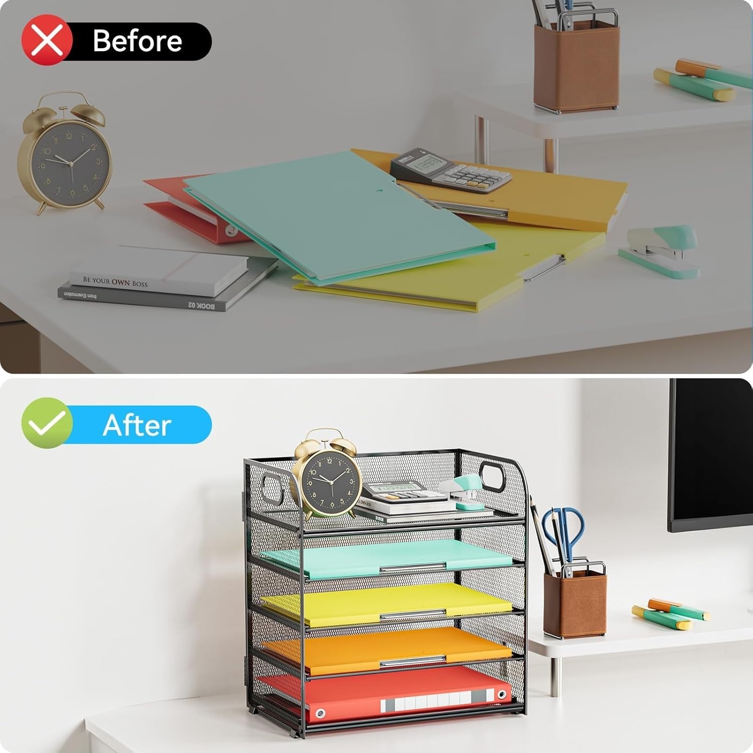 5-Tier Metal Desk Organizer | Letter/A4 File Tray Holder | Black Mesh
