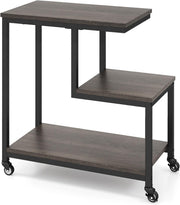 G-Shaped 3-Tier Sofa Side Table with Wheels | Grey Black End Table Storage