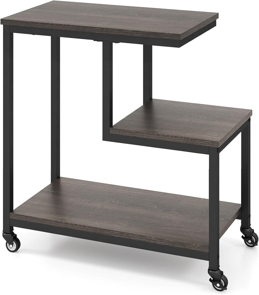 G-Shaped 3-Tier Sofa Side Table with Wheels | Grey Black End Table Storage