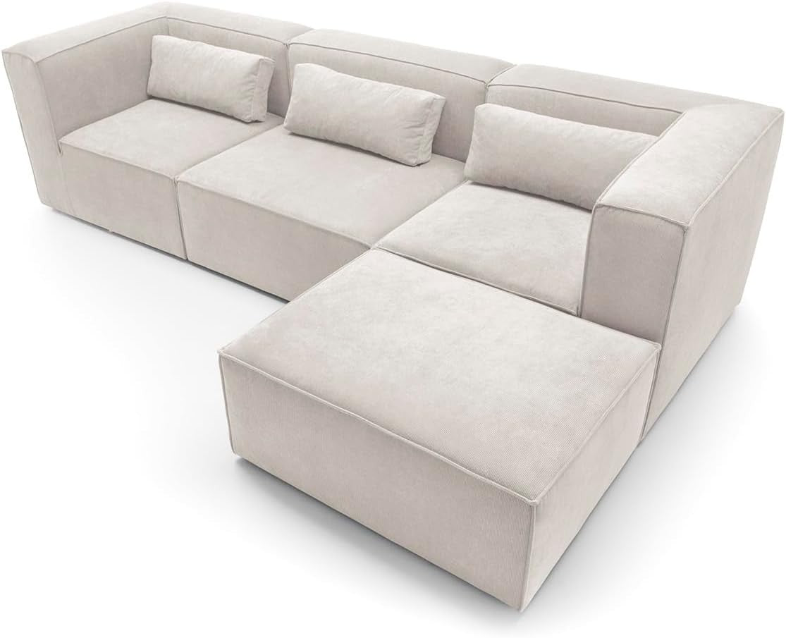 White Corner Sofa L Shape | Modular 4 Seater Chenille Sectional | Soft & Modern