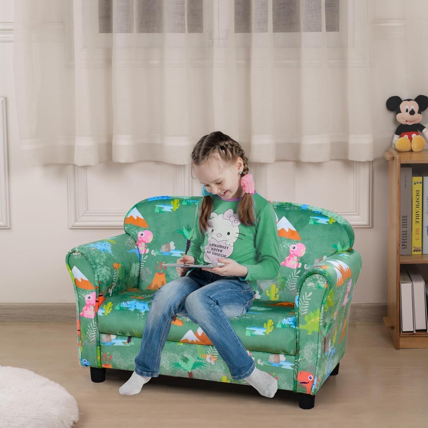 Kids 2 Seater Sofa Chair Dinosaur Pattern Upholstered Velvet Couch Green