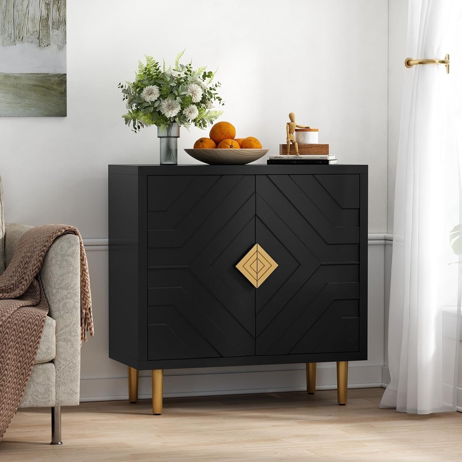 Modern 2-Door 3D Embossed Sideboard Cabinet Storage Unit Black Gold Legs