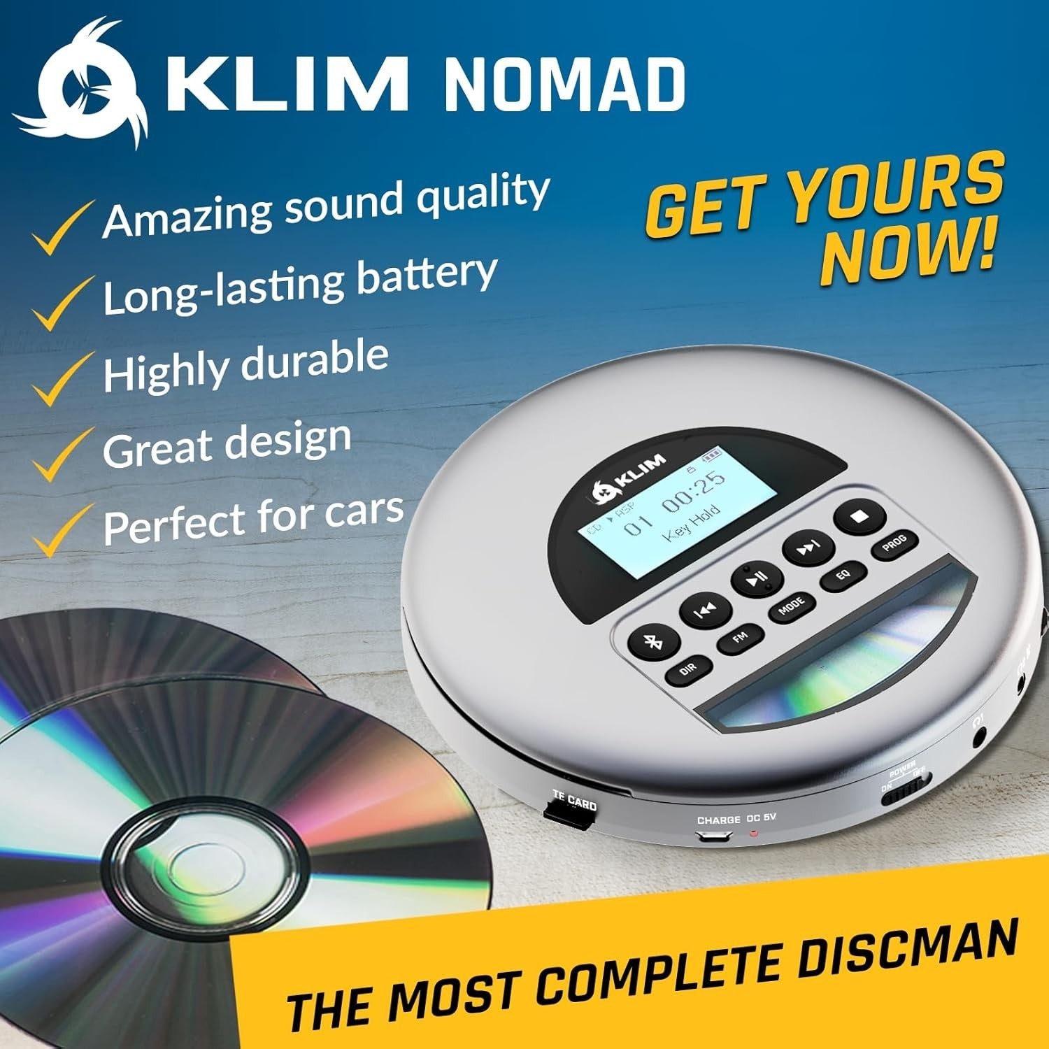 Portable CD Player Bluetooth FM Radio TF Card Rechargeable Grey w/ Earbuds