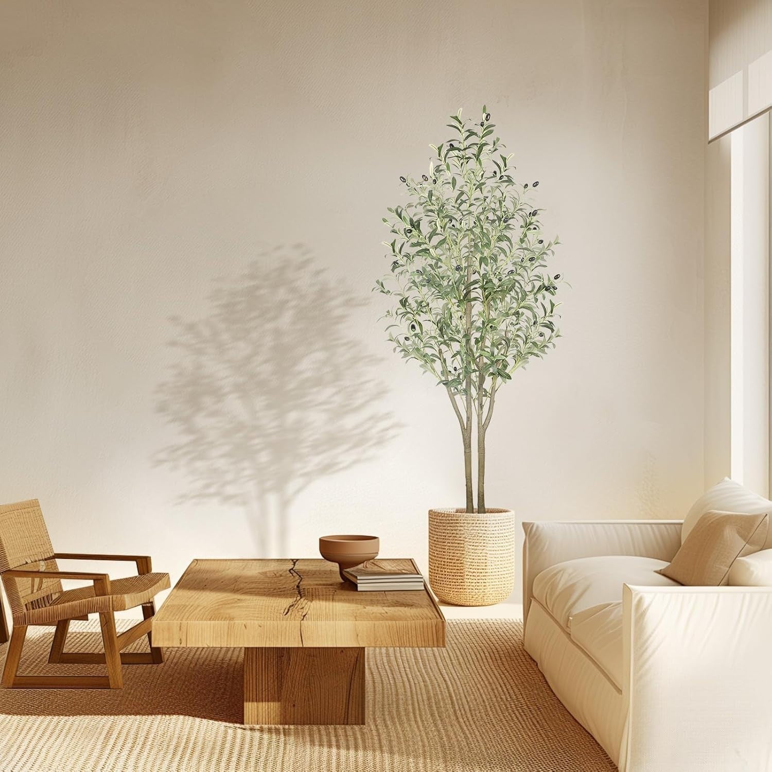 6FT Faux Olive Tree with White Pot Natural Wood Trunk Tall Indoor Floor Decor