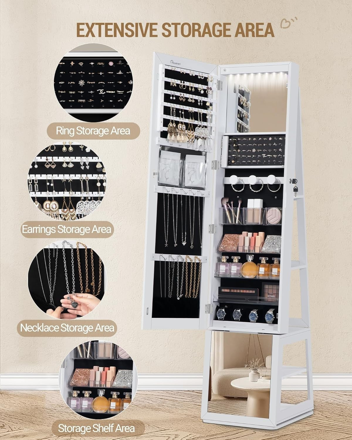 360° Rotating Mirror Jewelry Cabinet Lockable Full Length Storage