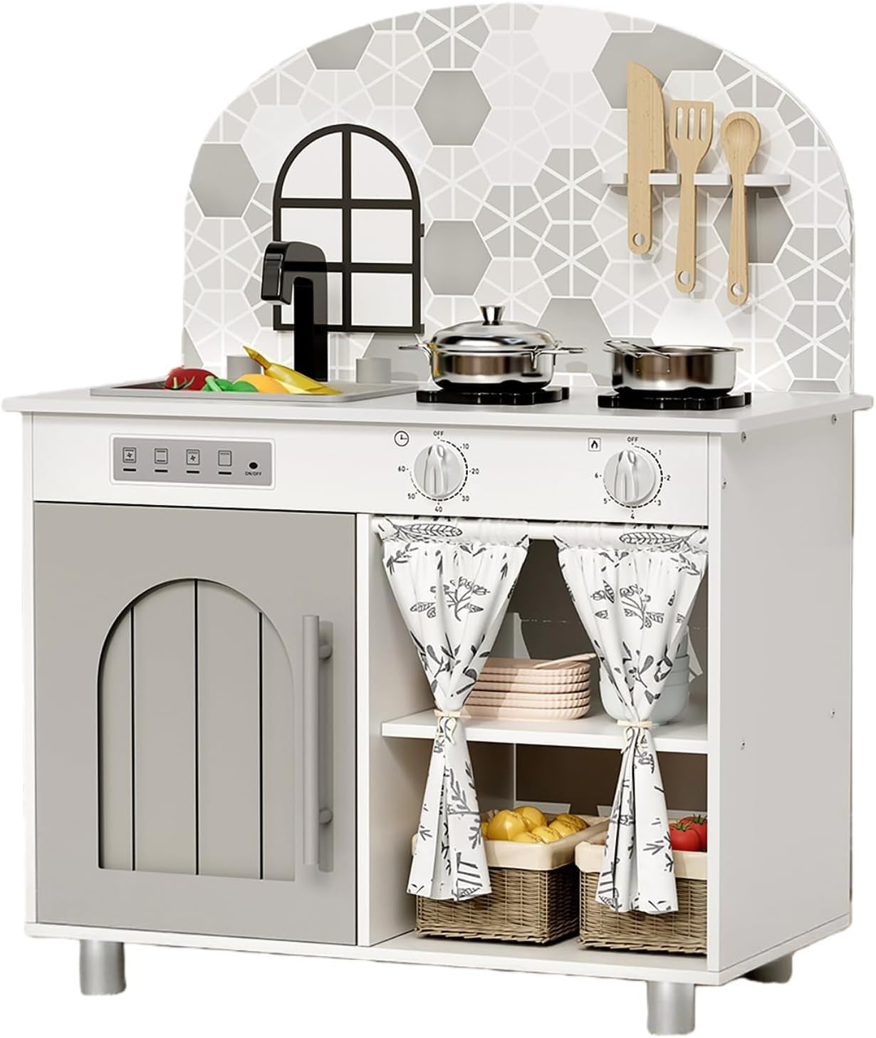 Kids Wooden Play Kitchen w/ Real Sound Stove White Toy Set
