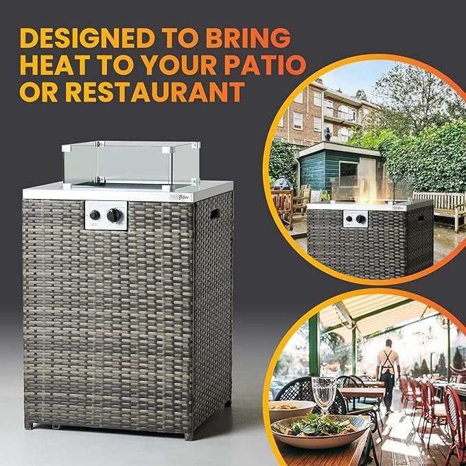 Outdoor Gas Patio Heater Fire Pit with Glass Rocks & Wind Shield | 13KW Heat