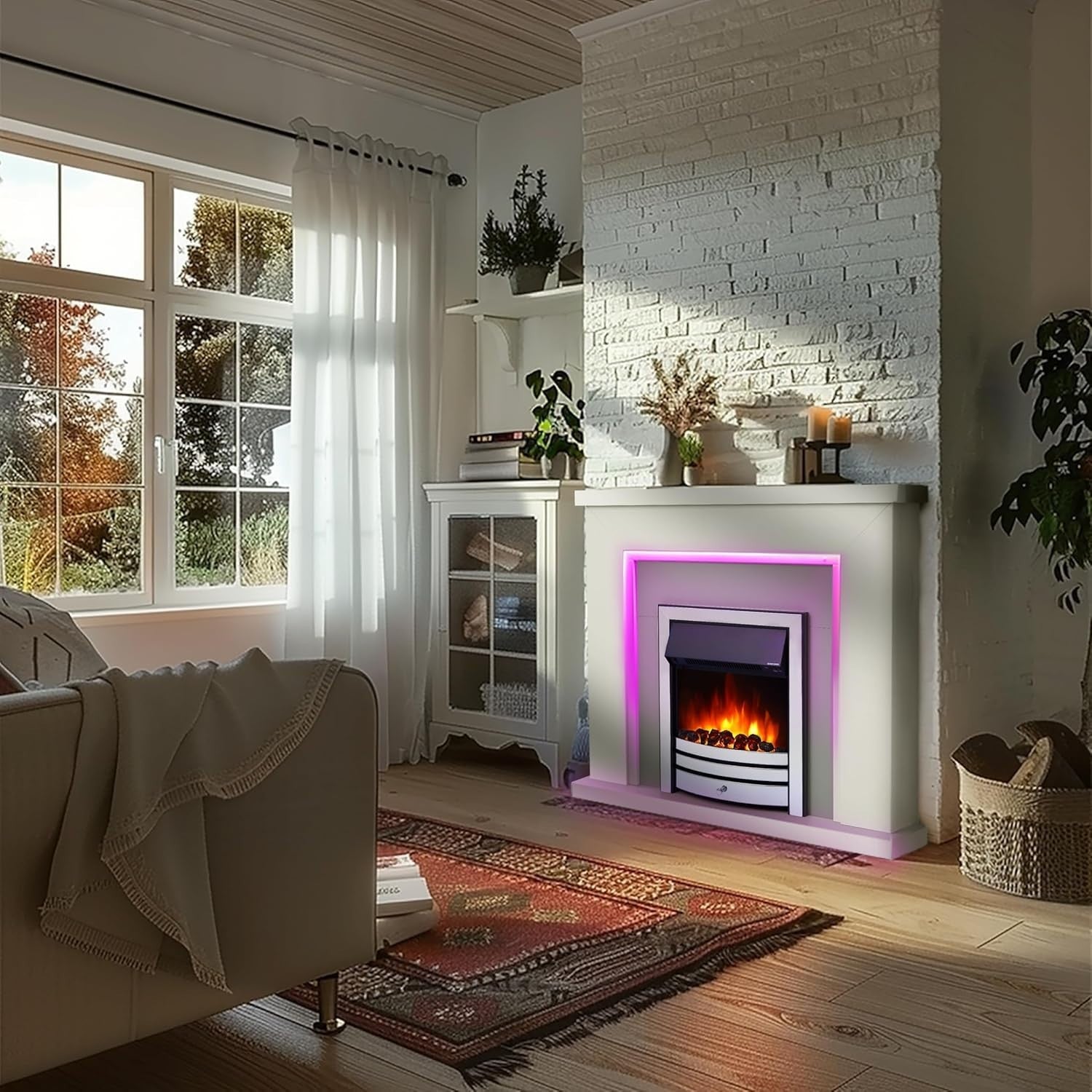 Electric Fireplace Suite 42" LED Remote Fire Grey Chrome White Surround