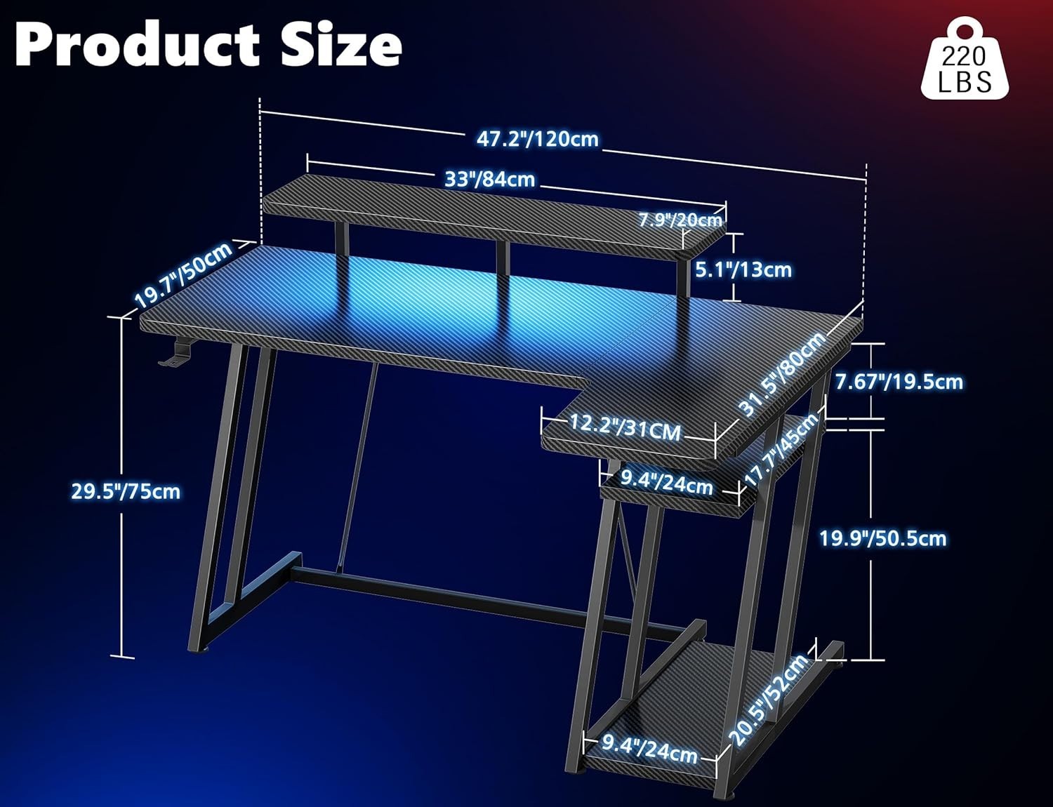 Black 120cm L Shaped Gaming Desk with LED Lights, Monitor Stand & Shelves