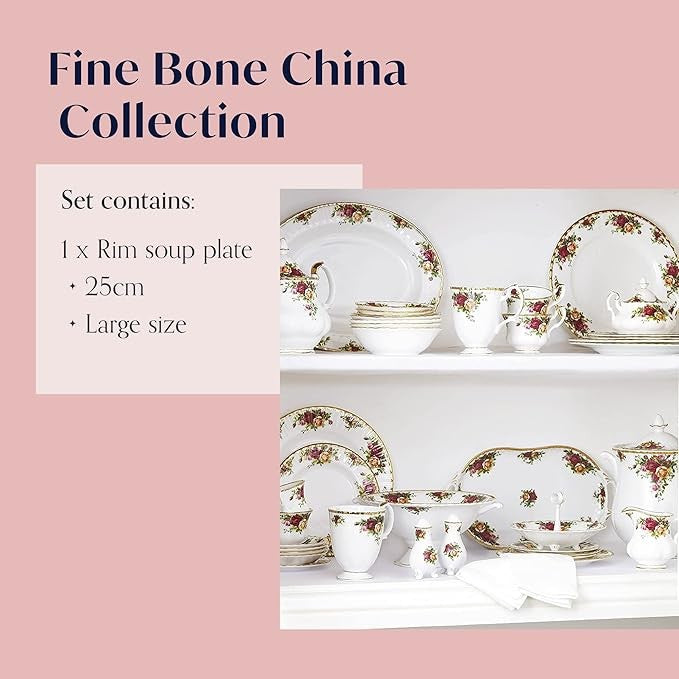 Vintage Floral Soup Plate 25cm Fine Bone China Gold Rim Tableware