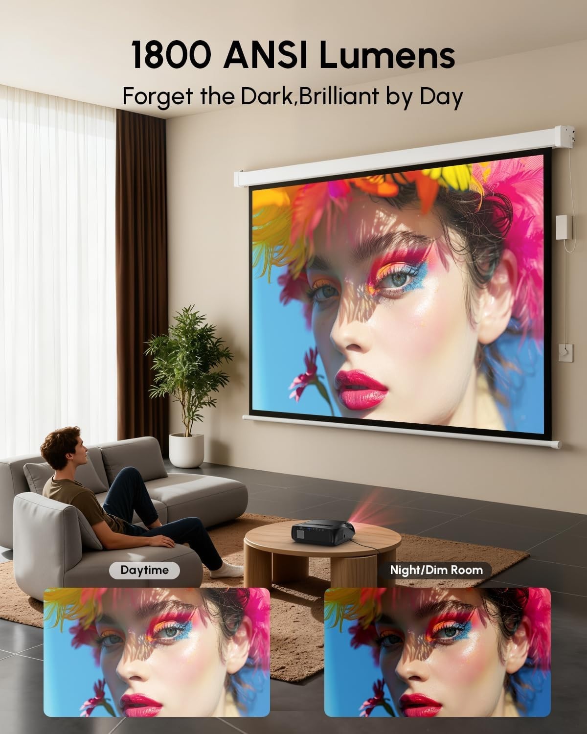1800 ANSI Smart 4K Projector Daylight WiFi 6 Bluetooth NFC HDR