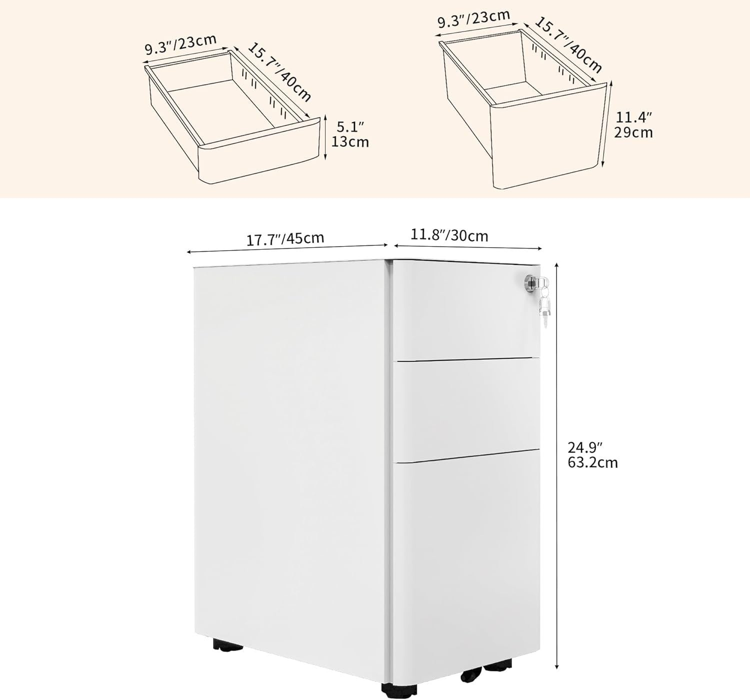 White 3 Drawer Lockable Metal File Cabinet 30x45x61cm Slim