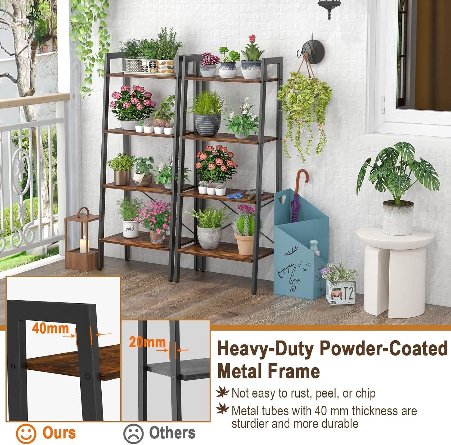 Rustic Brown Industrial Ladder Shelf 4-Tier Freestanding Storage Rack