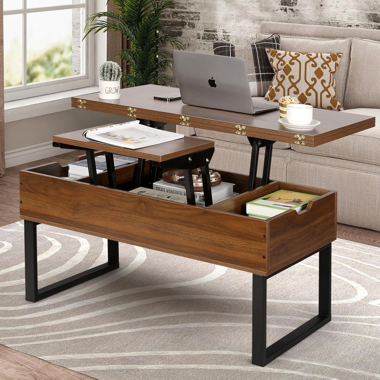 Multifunctional Lift Top Coffee Table with Hidden Storage Walnut 100x50x50cm