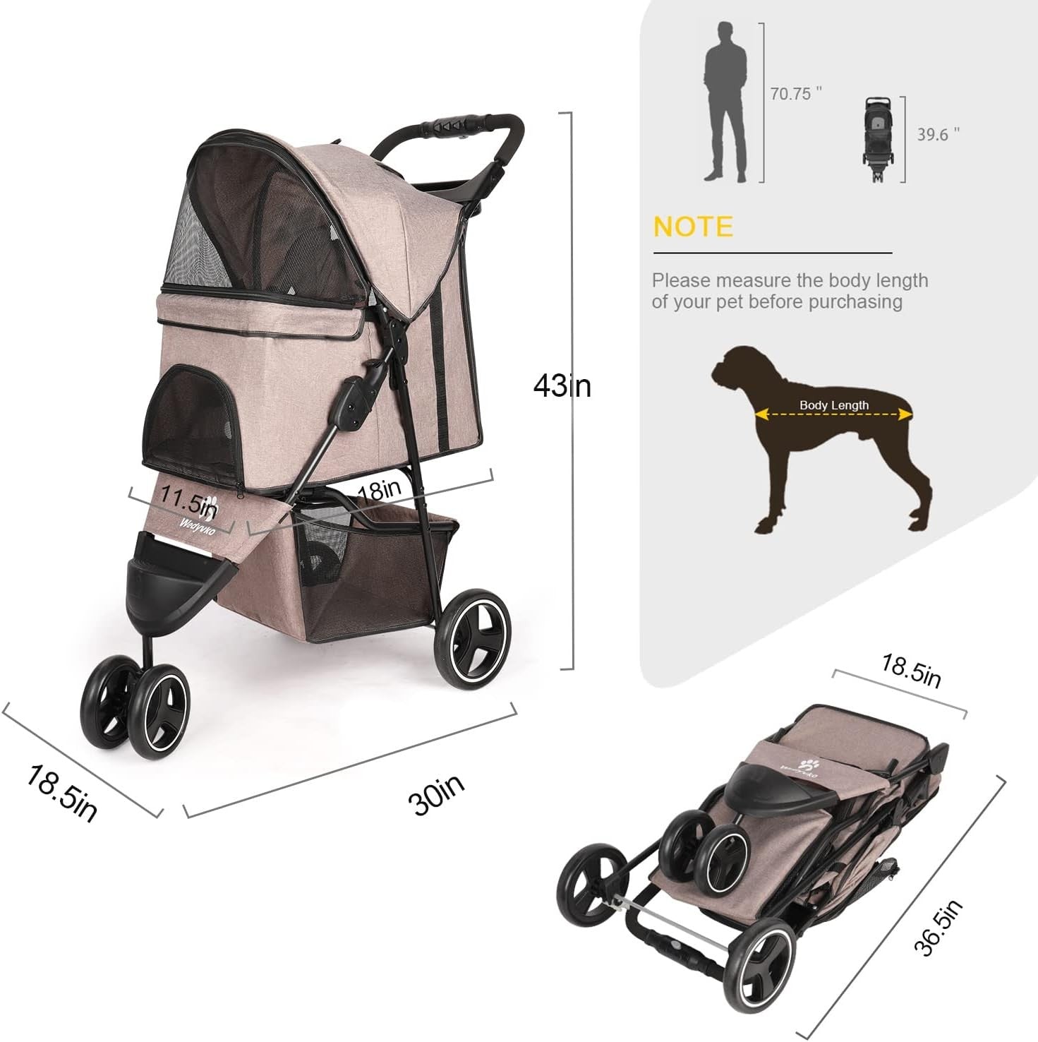 Pet Stroller for Small Medium Dogs 15kg Ultra Lightweight Foldable Pram