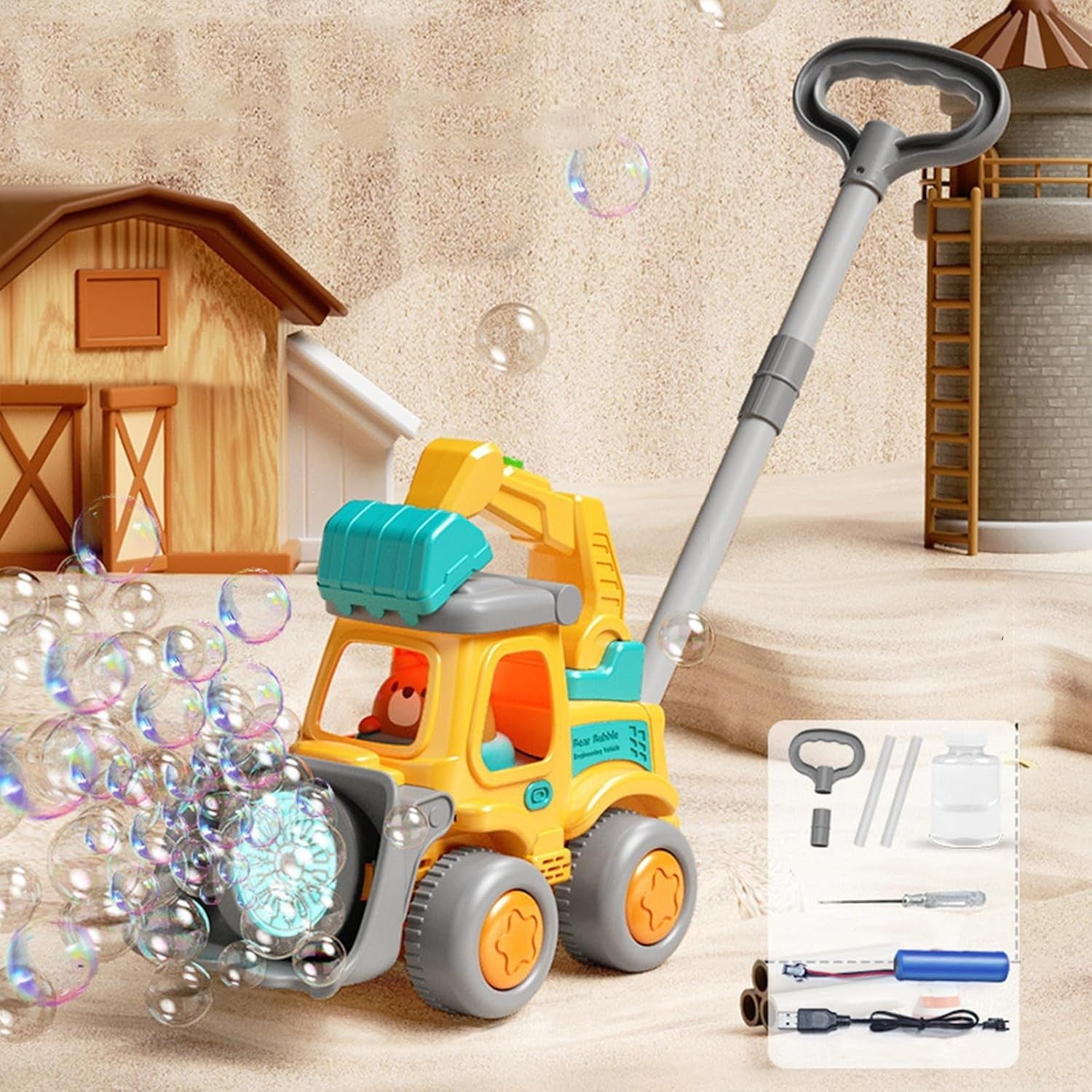 Bulldozer Bubble Blower Push Walker Toy with LED Lights