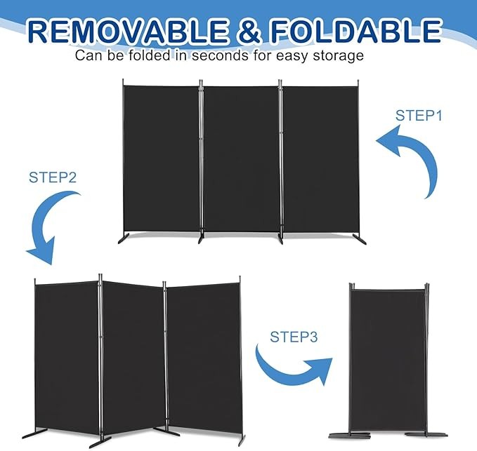 Black 3 Panel Room Divider 6FT Folding Privacy Screen – Portable Partition Wall