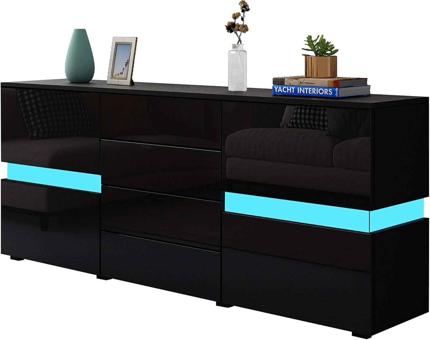 Black Gloss Sideboard LED 4 Drawers 2 Doors Cabinet 177cm TV Unit Modern