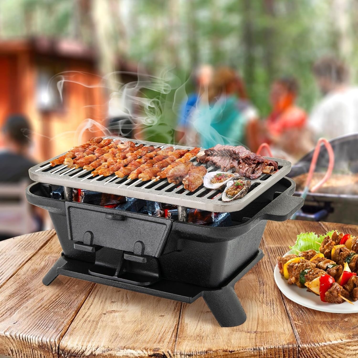 Portable Cast Iron Hibachi BBQ Grill Charcoal Stove Double Sided Grate Outdoor