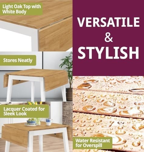 Small Drop Leaf Folding Table White & Oak Space-Saving Kitchen Dining