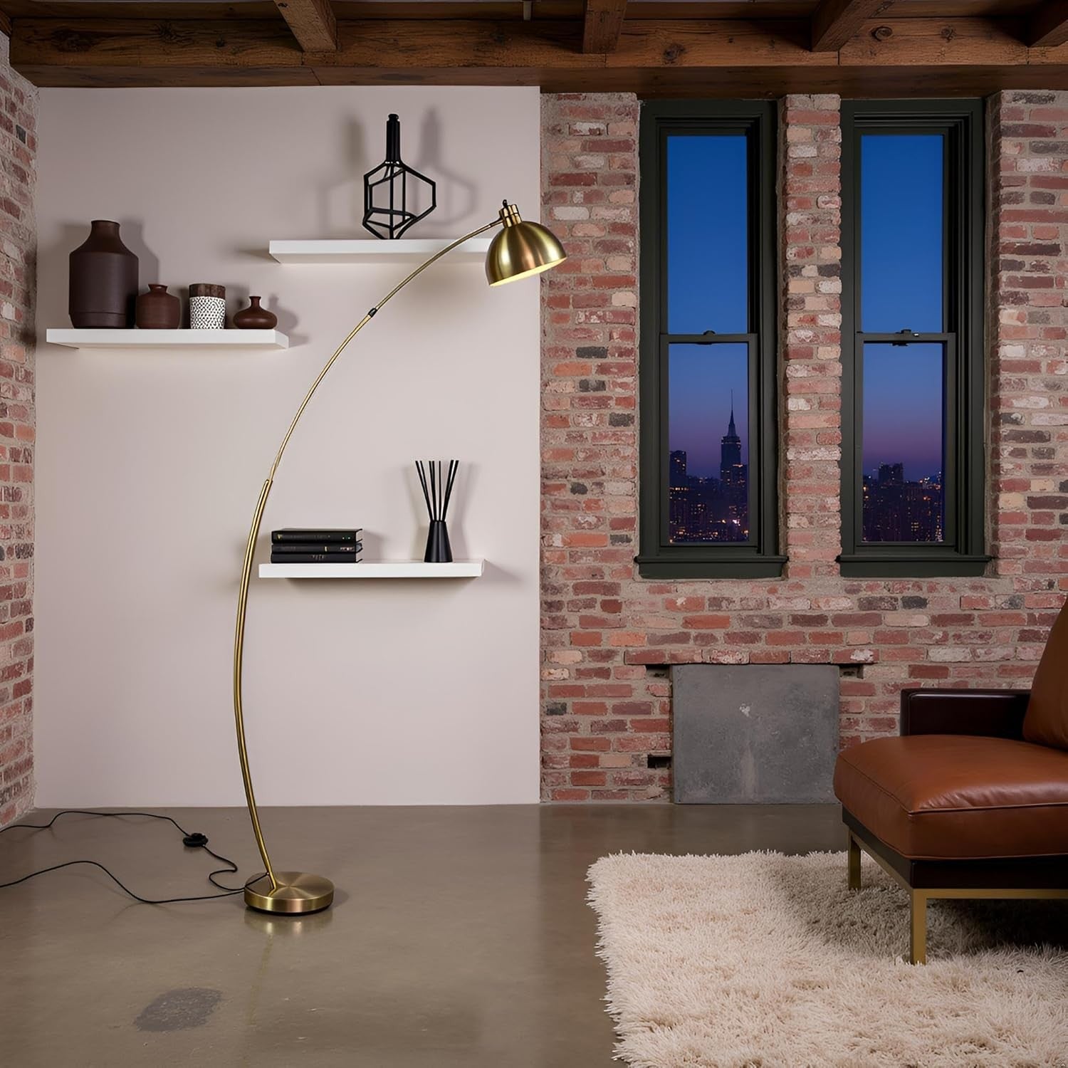 Antique Brass Arc Floor Lamp Adjustable Reading Light Black Marble Base