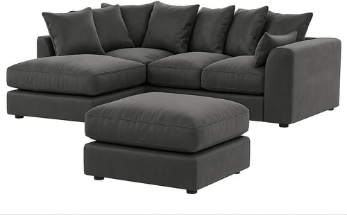 Grey Plush Velvet Corner Sofa with Footstool – 4 Seater L Shape Couch