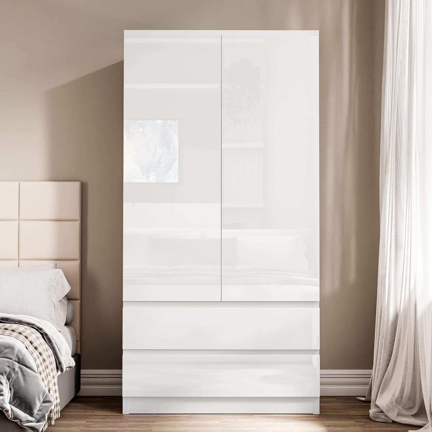 White 2 Door Wardrobe with 2 Drawers High Gloss Finish Storage Unit