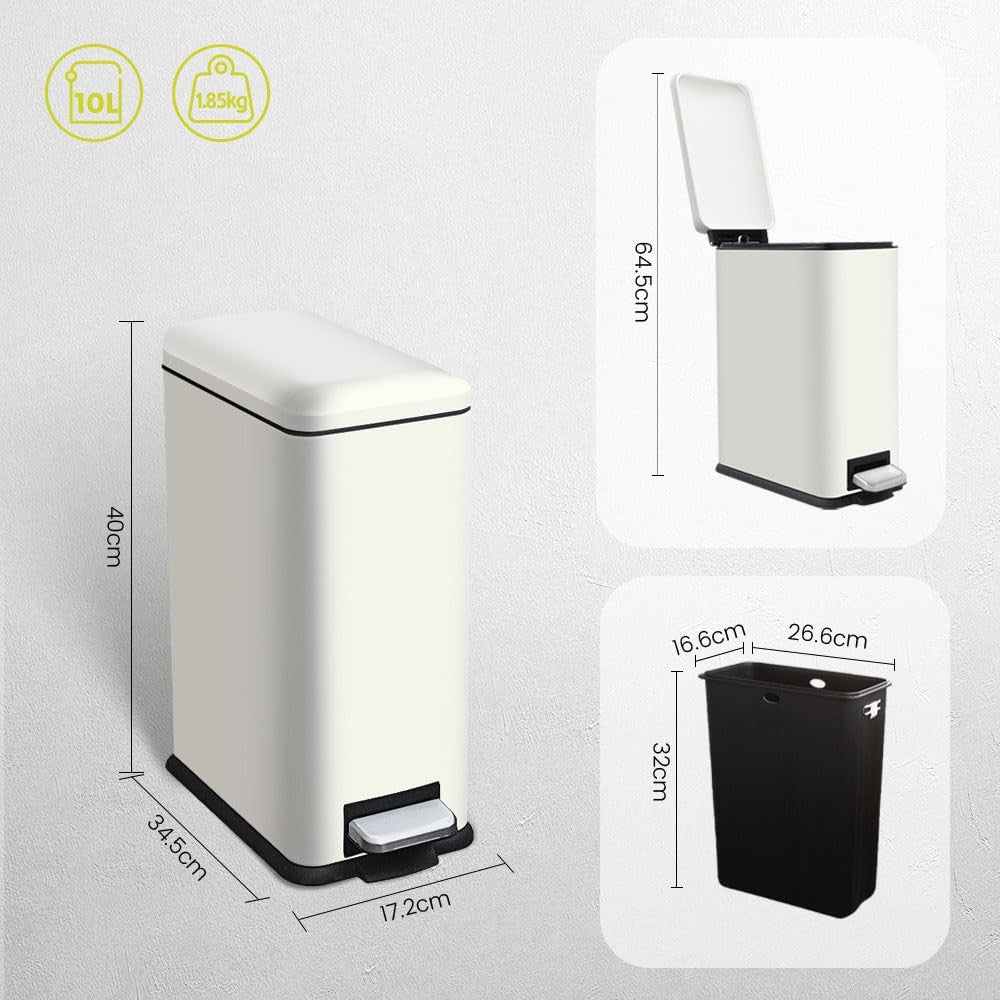 10L Bathroom Pedal Bin Soft Close Stainless Steel White