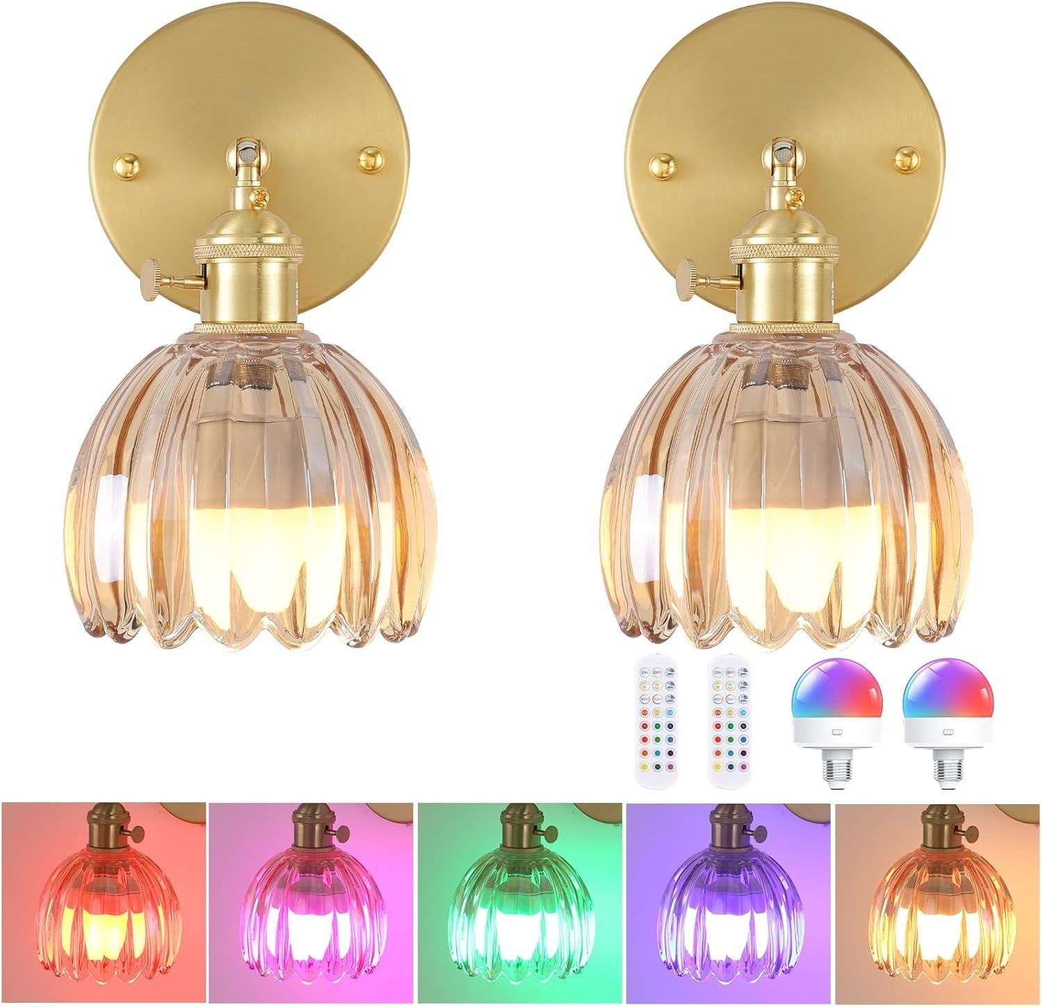 Set of 2 Rechargeable Wall Sconces with Remote, 12 Color Dimmable LED Lights
