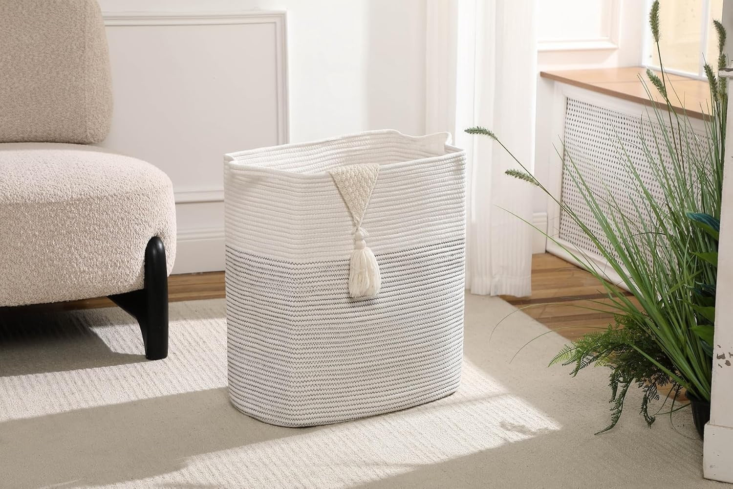 80L Tall Woven Cotton Laundry Basket with Handles Large Rope Hamper White