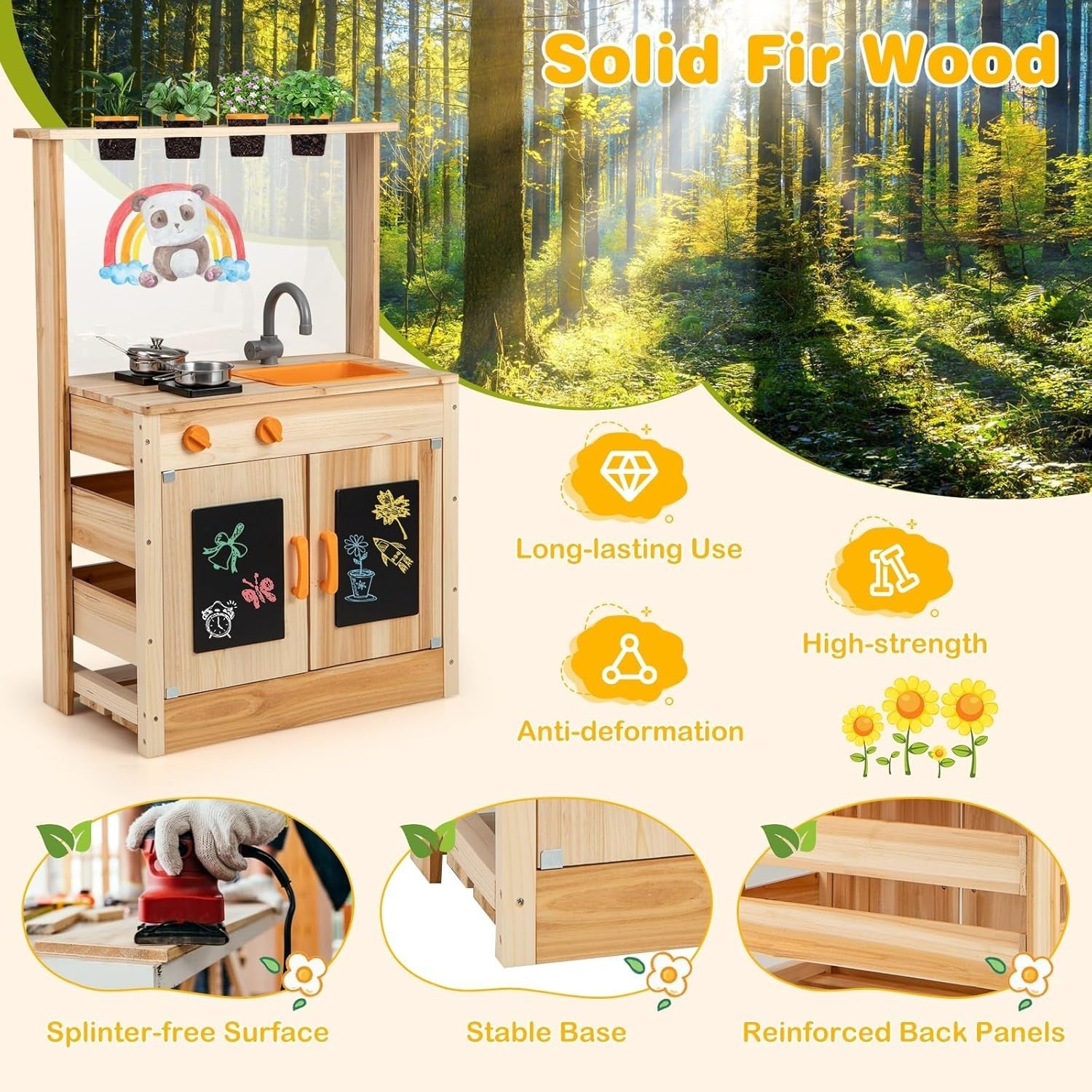 Outdoor Wooden Mud Kitchen Kids Playset Chalkboards Plant Pots Sink