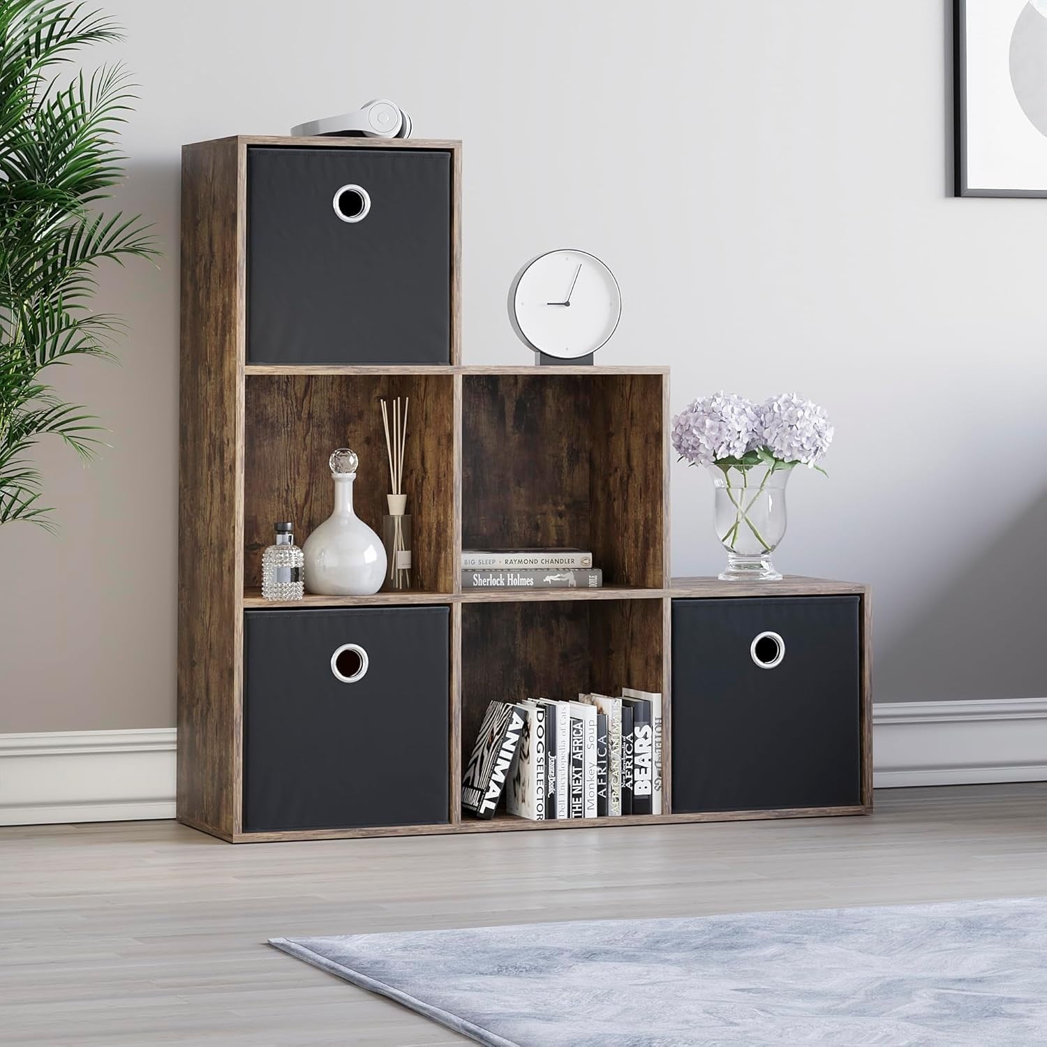 6 Cube Dark Wood Staircase Storage Shelf with 3 Black Baskets – Sturdy Organiser